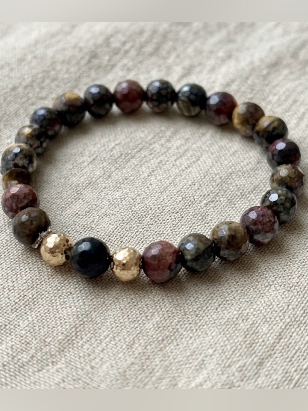 Genuine Tiger eye Gemstone Beaded Stretch Bracelet with Gold Accent